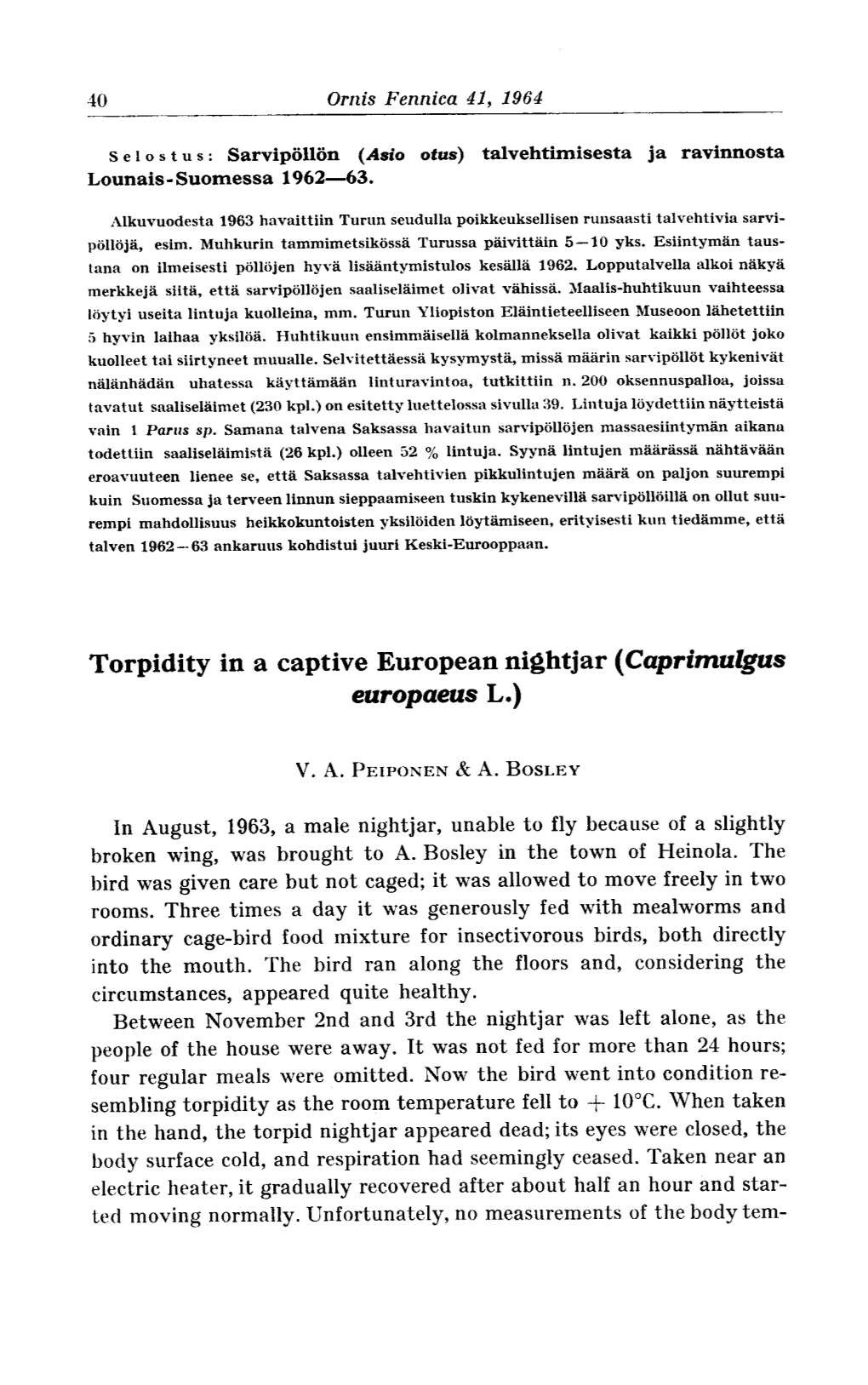 Torpidity in a Captive European Nightjar (Caprimulgus Europaeus L.)
