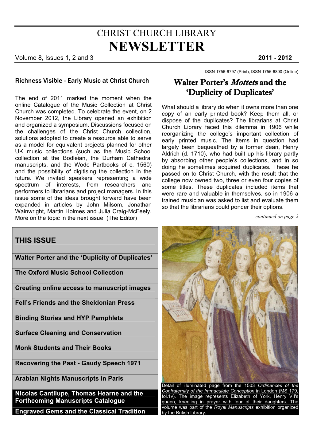 CHRIST CHURCH LIBRARY NEWSLETTER Volume 8, Issues 1, 2 and 3 2011 - 2012