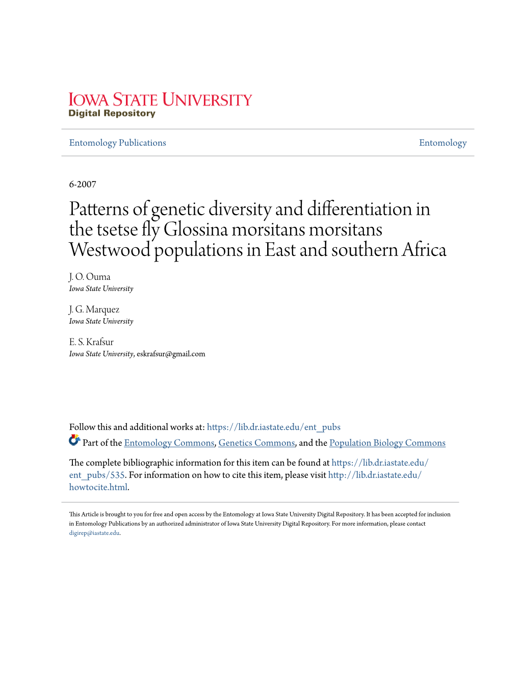 Patterns of Genetic Diversity and Differentiation in the Tsetse Fly Glossina Morsitans Morsitans Westwood Populations in East and Southern Africa J