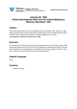 January 02, 1968 Polish Informational Note from the Interkit Meeting in Moscow, December 1967