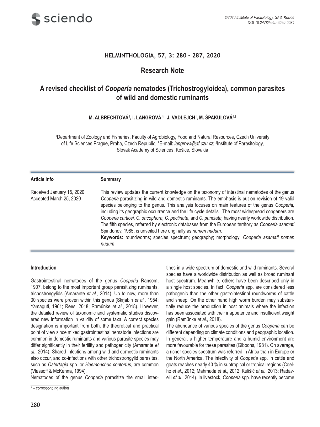 Research Note a Revised Checklist of Cooperia Nematodes