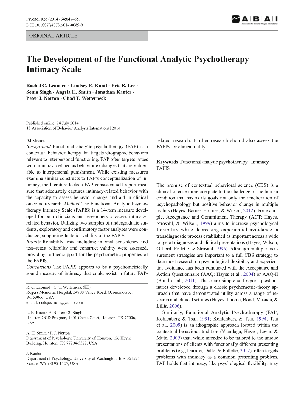 The Development of the Functional Analytic Psychotherapy Intimacy Scale