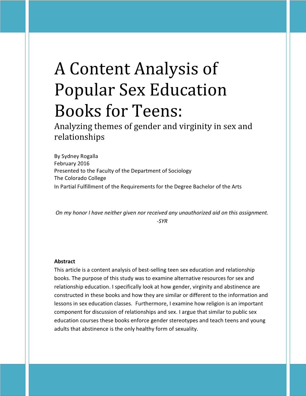 A Content Analysis Of Popular Sex Education Books For Teens Analyzing