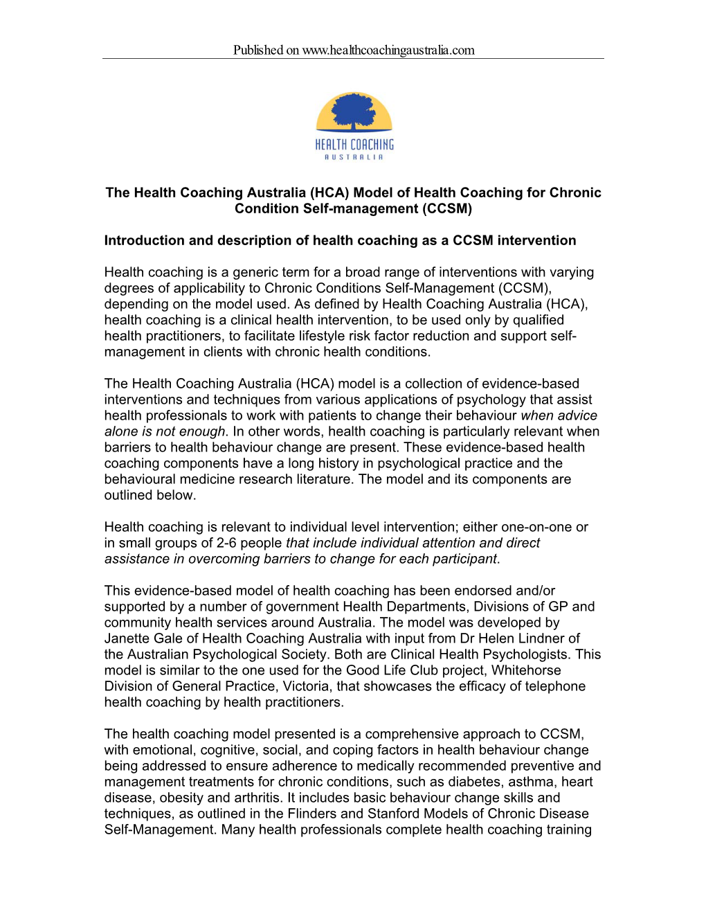 HCA) Model of Health Coaching for Chronic Condition Self-Management (CCSM