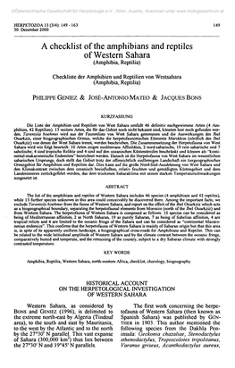 A Checklist of the Amphibians and Reptiles of Western Sahara (Amphibia, Reptilia)