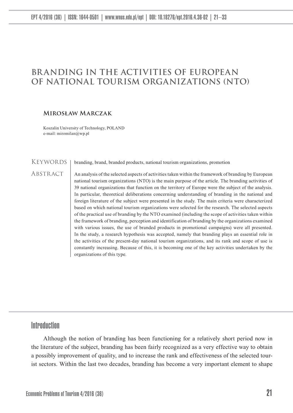 Branding in the Activities of European of National Tourism Organizations (NTO)