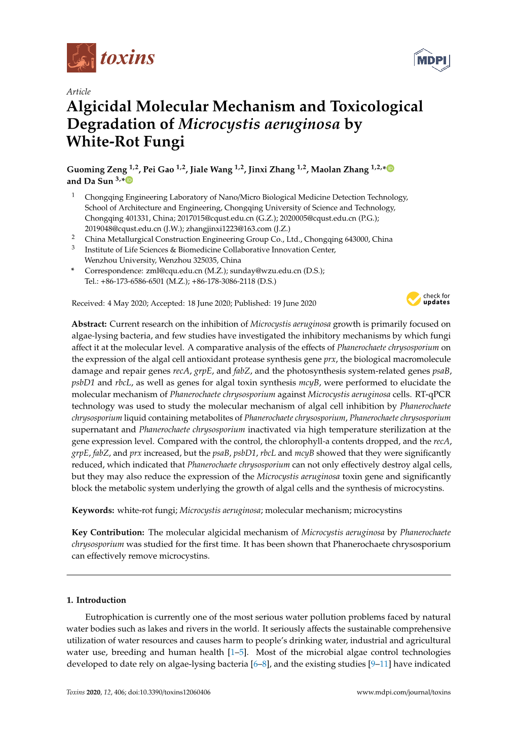 Algicidal Molecular Mechanism and Toxicological Degradation of Microcystis Aeruginosa by White-Rot Fungi