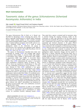 Taxonomic Status of the Genus Schismatomma (Lichenized Ascomycota: Arthoniales) in India
