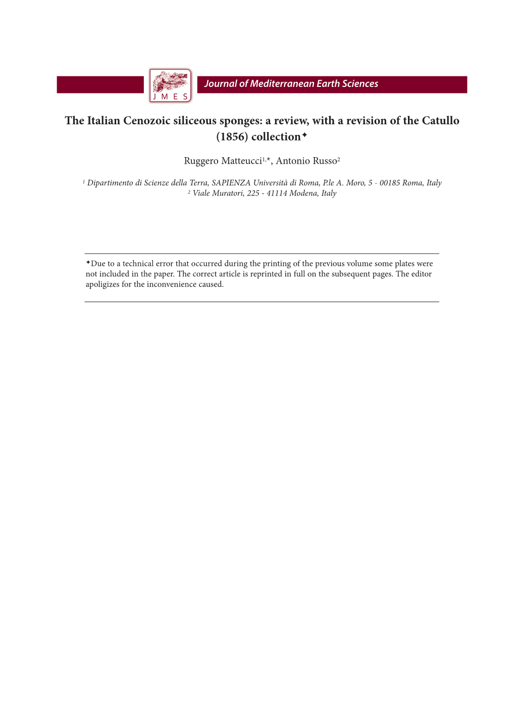 The Italian Cenozoic Siliceous Sponges: a Review, with a Revision of the Catullo (1856) Collection ✦