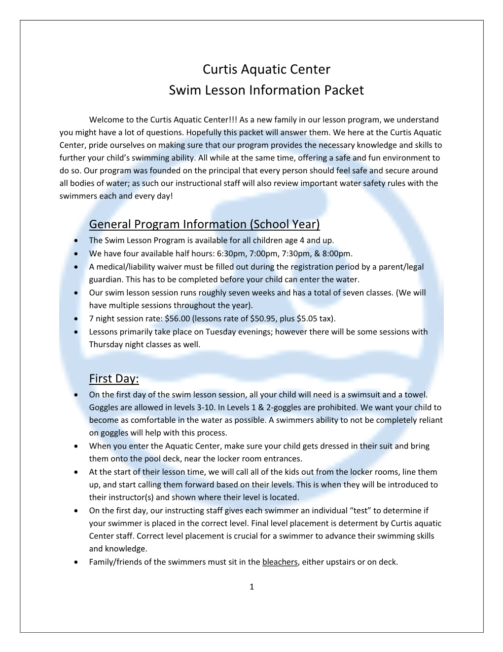 Curtis Aquatic Center Swim Lesson Information Packet