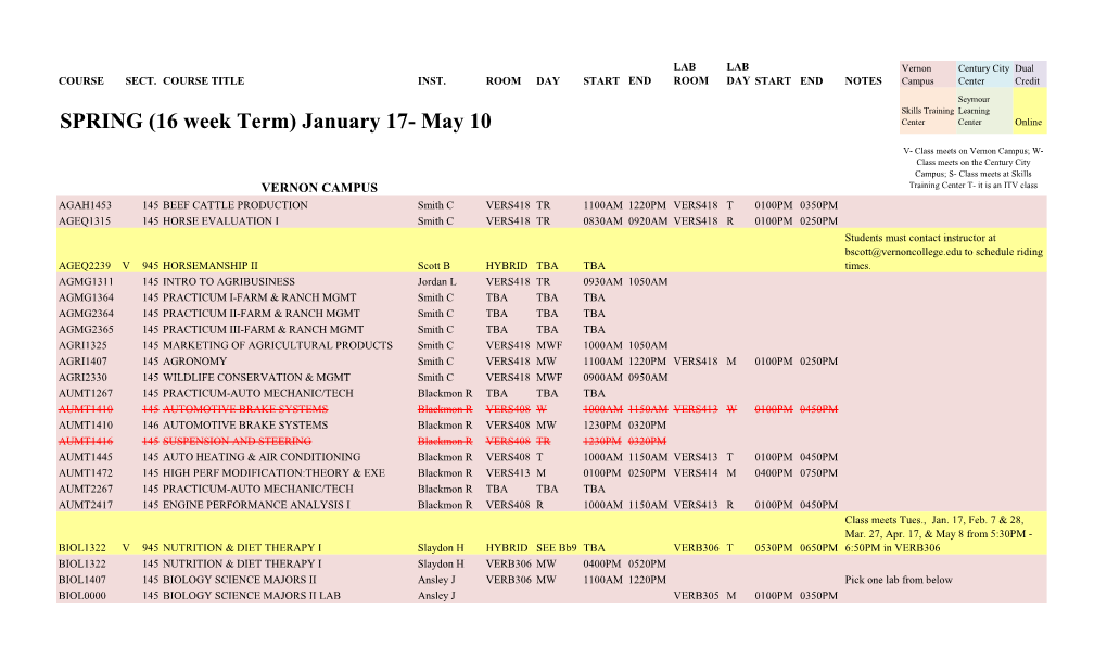 SPRING (16 Week Term) January 17- May 10 Center Center Online