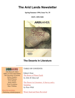The Arid Lands Newsletter No. 35, Spring/Summer 1994 the Deserts in Literature
