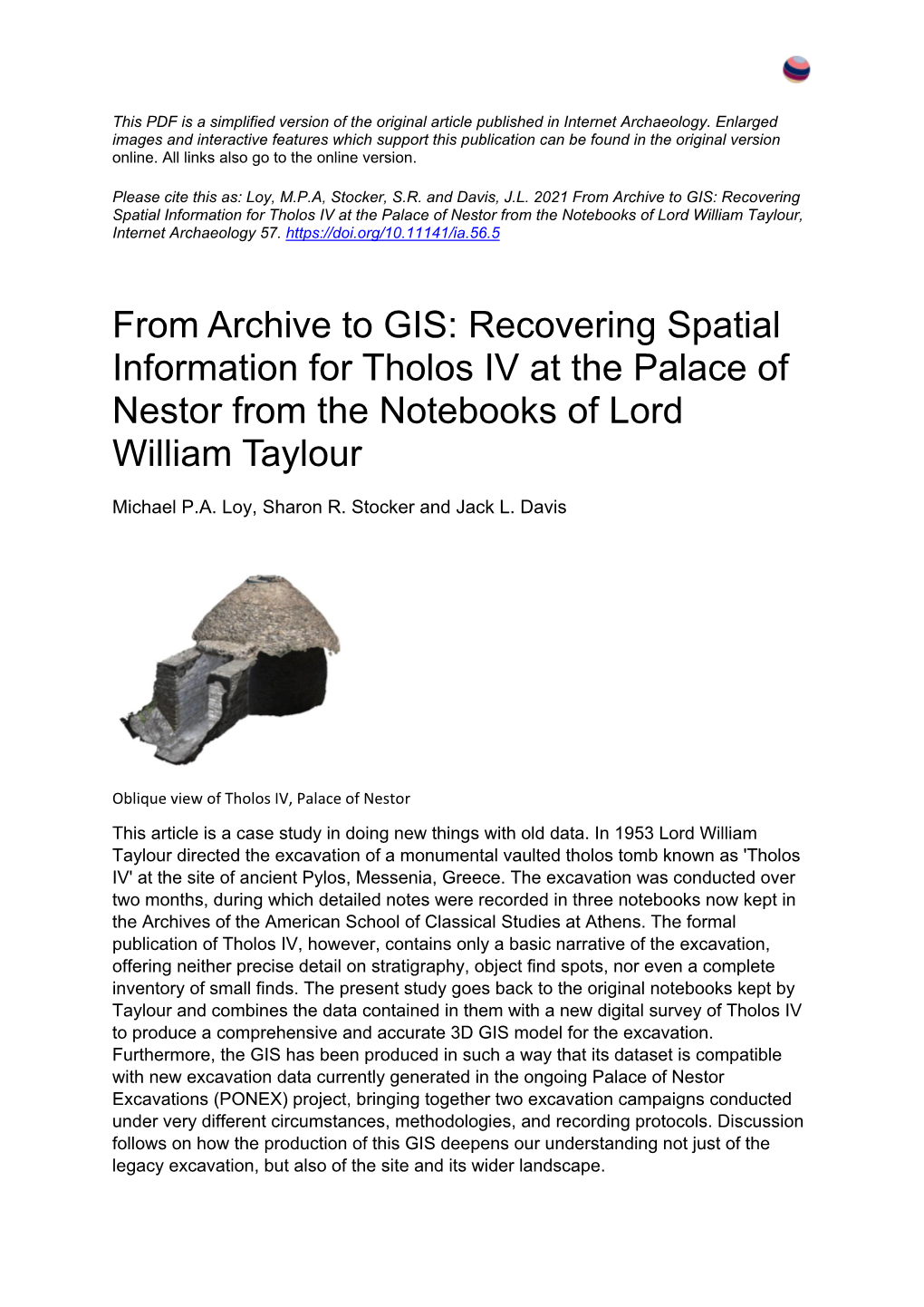 From Archive to GIS: Recovering Spatial Information for Tholos IV at the Palace of Nestor from the Notebooks of Lord William Taylour, Internet Archaeology 57
