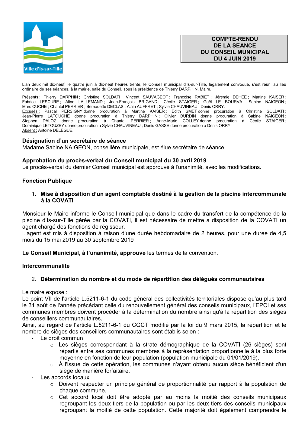 Compte-Rendu Du Conseil Municipal Du 4 Juin 2019