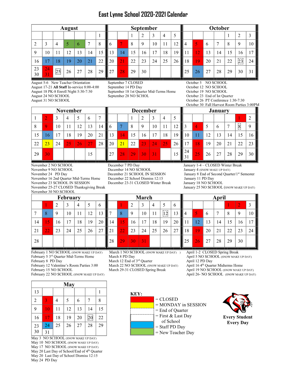 East Lynne School 2020-2021 Calendar