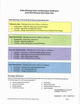 Public Meetings Dates and Newspaper Notification Draft 2Ot5 Montana State Water Plan