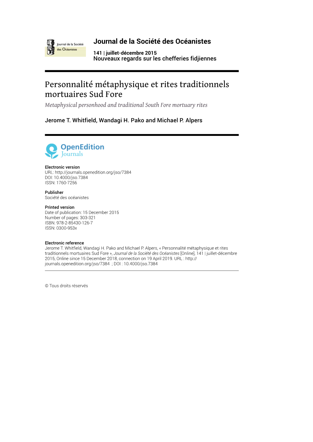 Personnalité Métaphysique Et Rites Traditionnels Mortuaires Sud Fore Metaphysical Personhood and Traditional South Fore Mortuary Rites