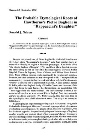 The Probable Etymological Roots of Hawthorne's Pietro Baglioni in Â•Œrappaccini's Daughterâ•Š