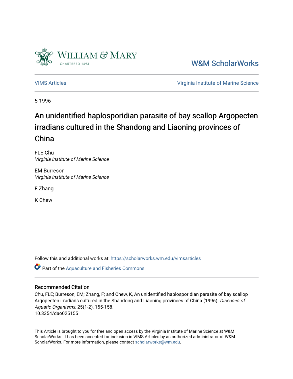 An Unidentified Haplosporidian Parasite of Bay Scallop Argopecten Irradians Cultured in the Shandong and Liaoning Provinces of China