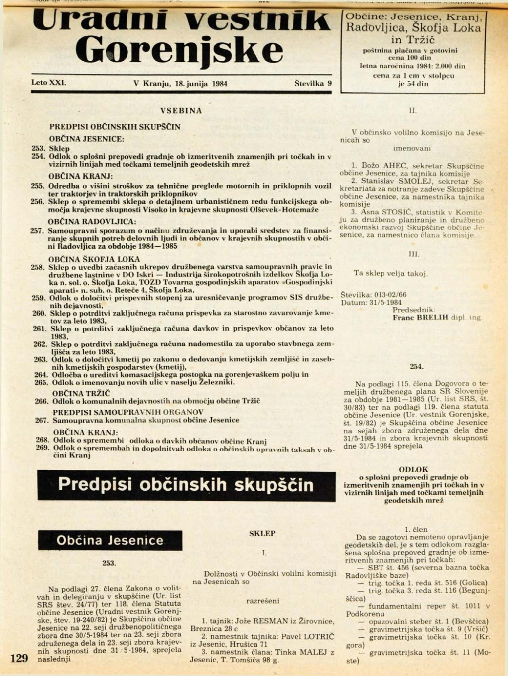 Gorenjske Letna Naročnina 1984: 2.000 Din Cena Za 1 Cm V Stolpcu Leto XXI