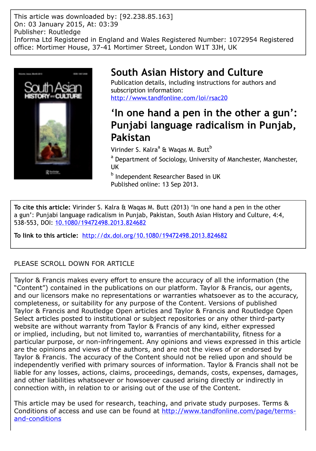 Punjabi Language Radicalism in Punjab, Pakistan Virinder S