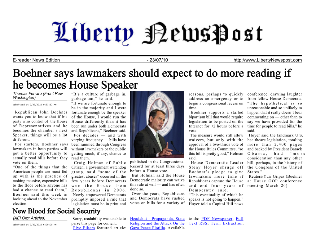 Boehner Says Lawmakers Should Expect to Do More Reading If He