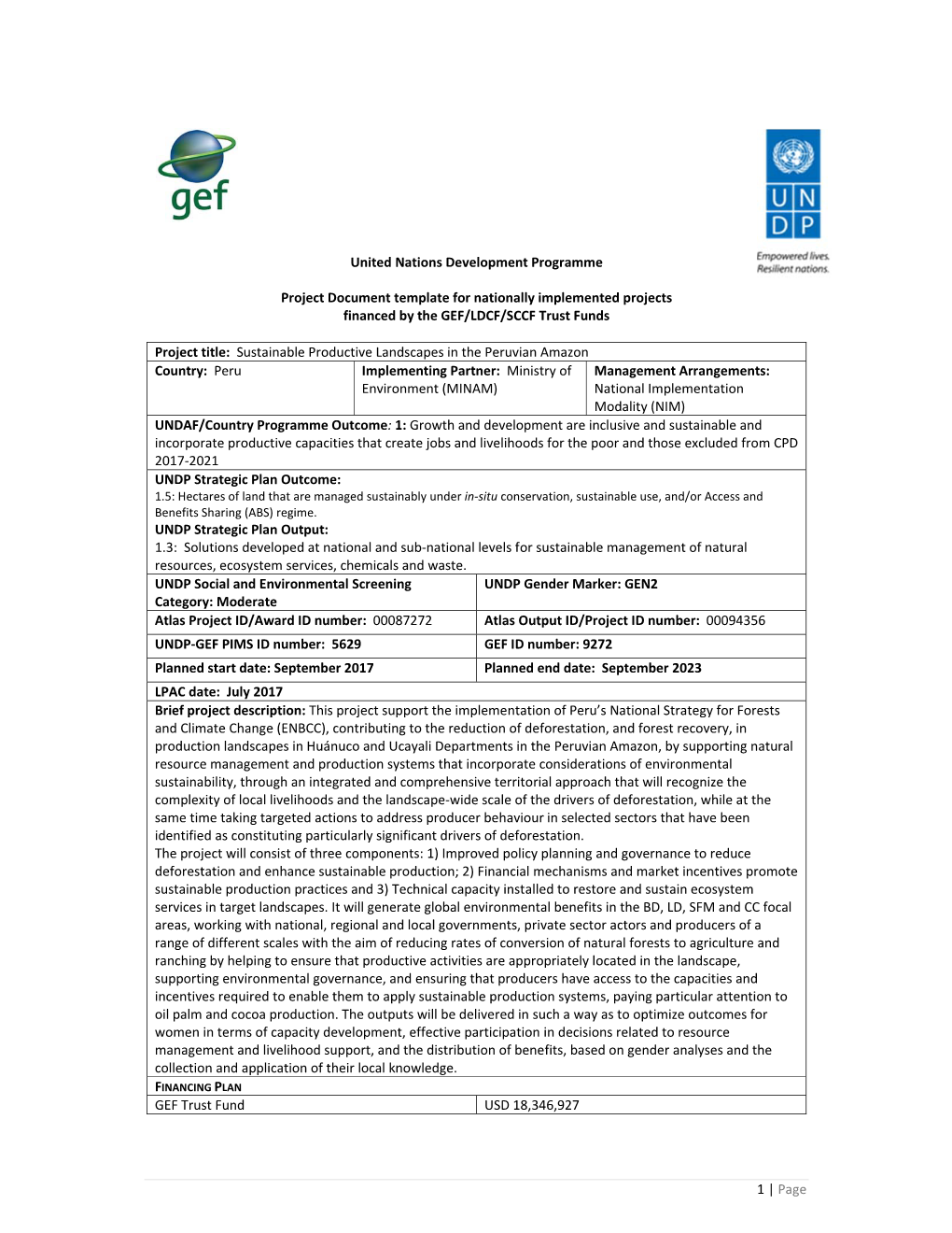 1 | Page United Nations Development Programme Project Document
