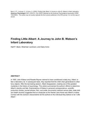 Finding Little Albert: a Journey to John B. Watson's Infant Laboratory