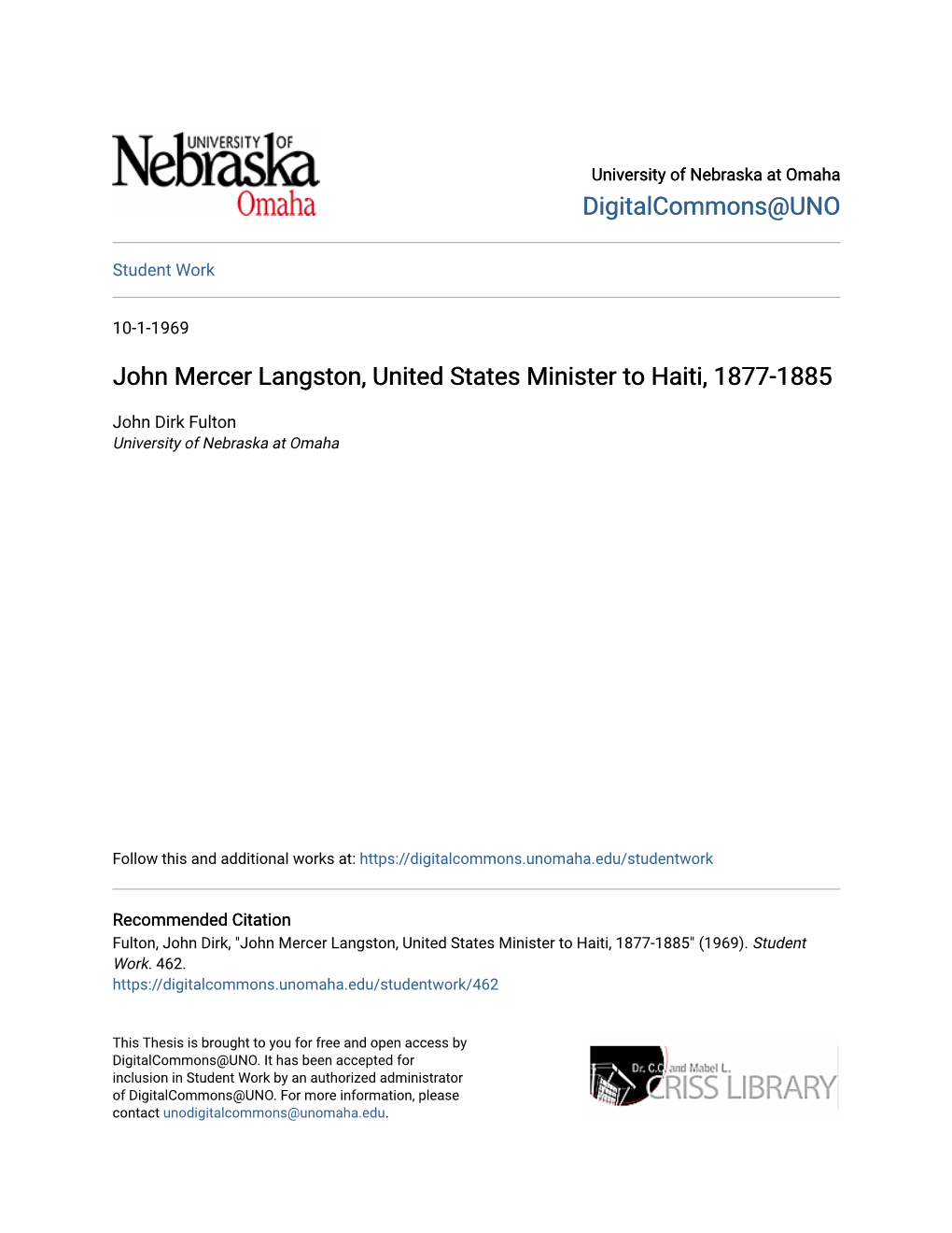 John Mercer Langston, United States Minister to Haiti, 1877-1885