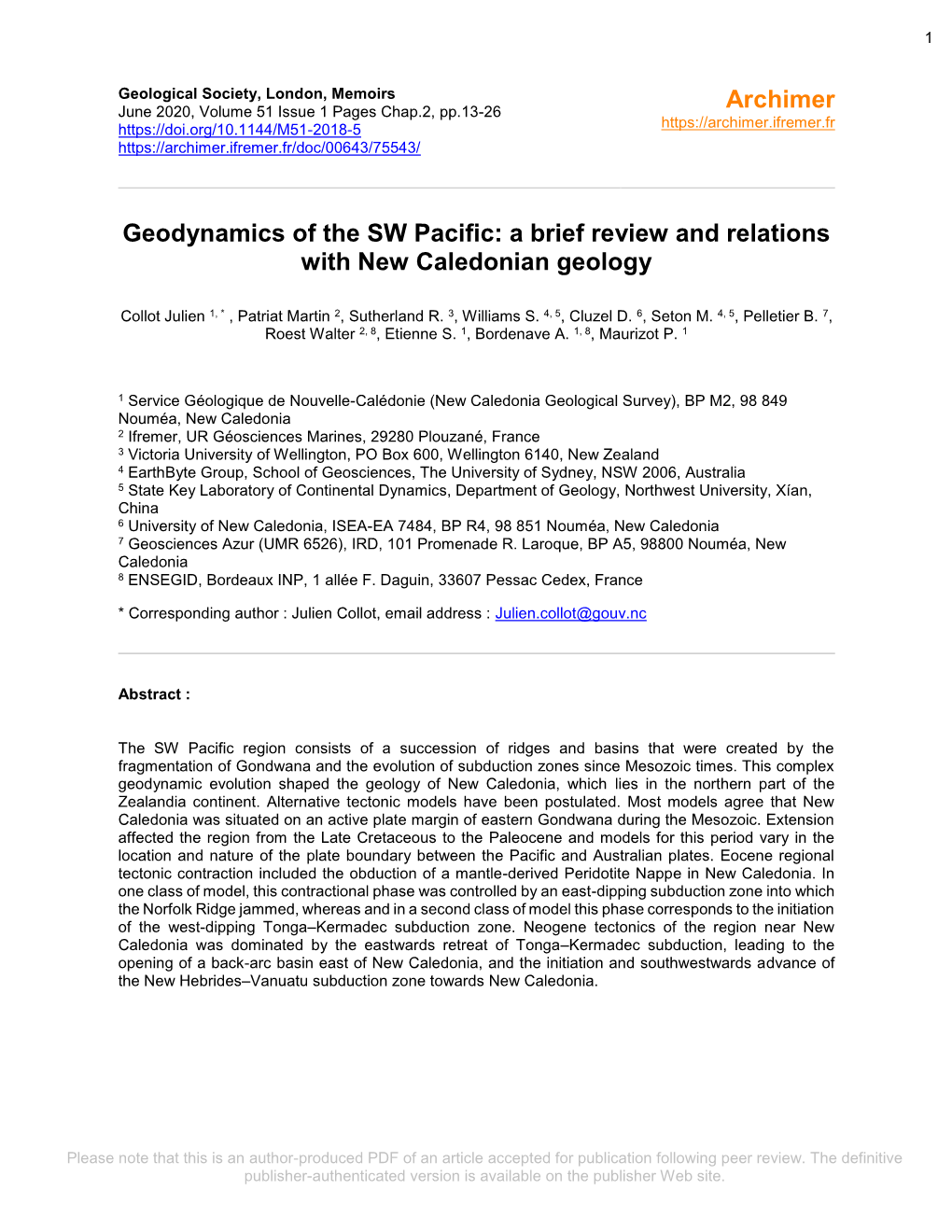 Geodynamics of the SW Pacific: a Brief Review and Relations with New Caledonian Geology