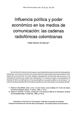 Lnfluencia Política Y Poder Economico En 10S Medios De Comunicacion: Las Cadenas Radiofonicas Colombianas