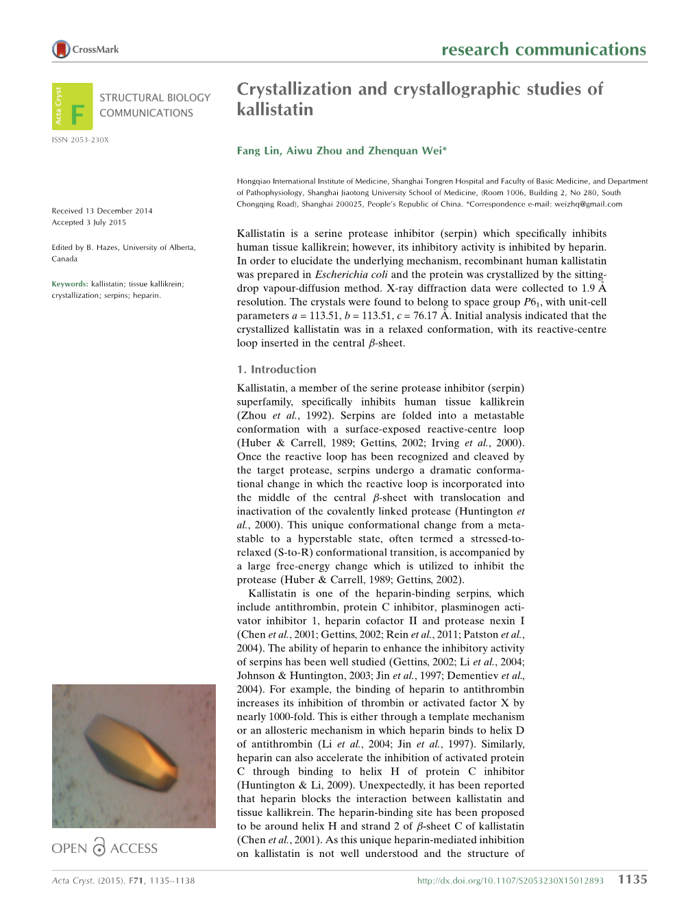 Crystallization and Crystallographic Studies of Kallistatin