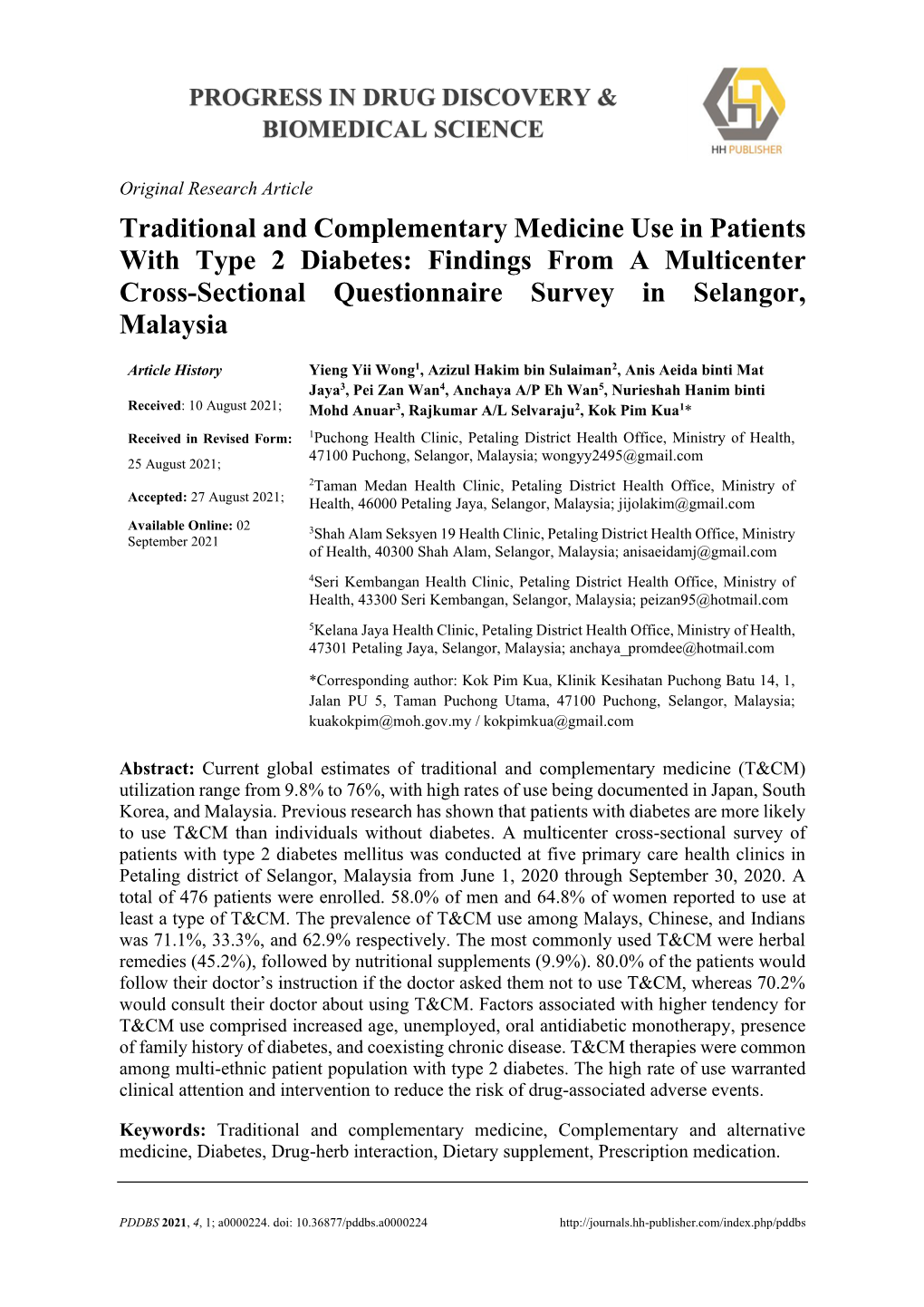 Traditional and Complementary Medicine Use in Patients with Type 2 Diabetes: Findings from a Multicenter Cross-Sectional Questionnaire Survey in Selangor, Malaysia