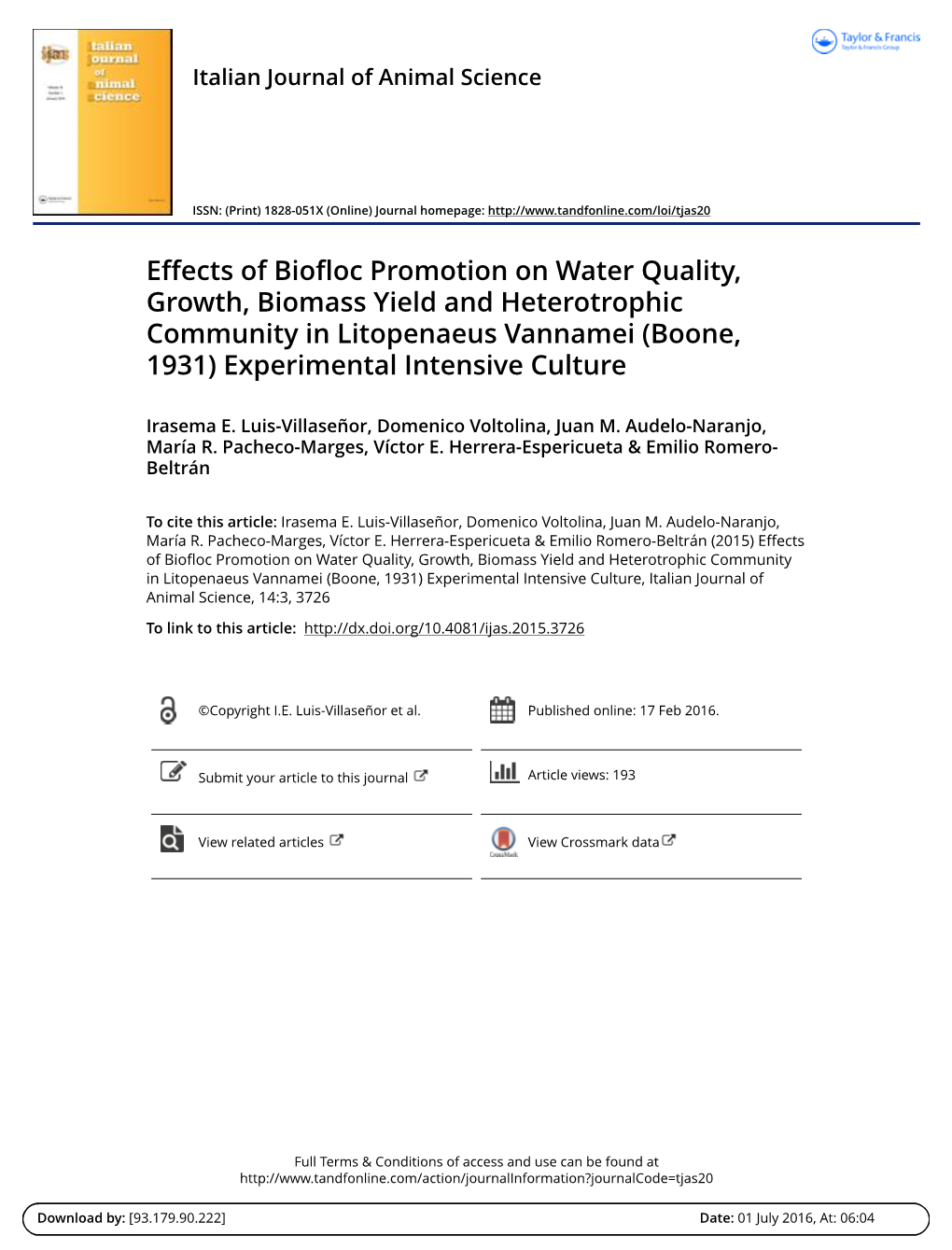 Effects of Biofloc Promotion on Water Quality, Growth, Biomass Yield and Heterotrophic Community in Litopenaeus Vannamei (Boone, 1931) Experimental Intensive Culture