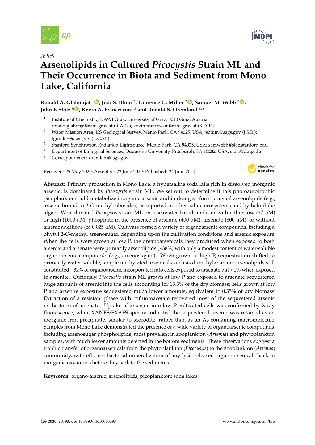 Arsenolipids in Cultured Picocystis Strain ML and Their Occurrence in Biota and Sediment from Mono Lake, California