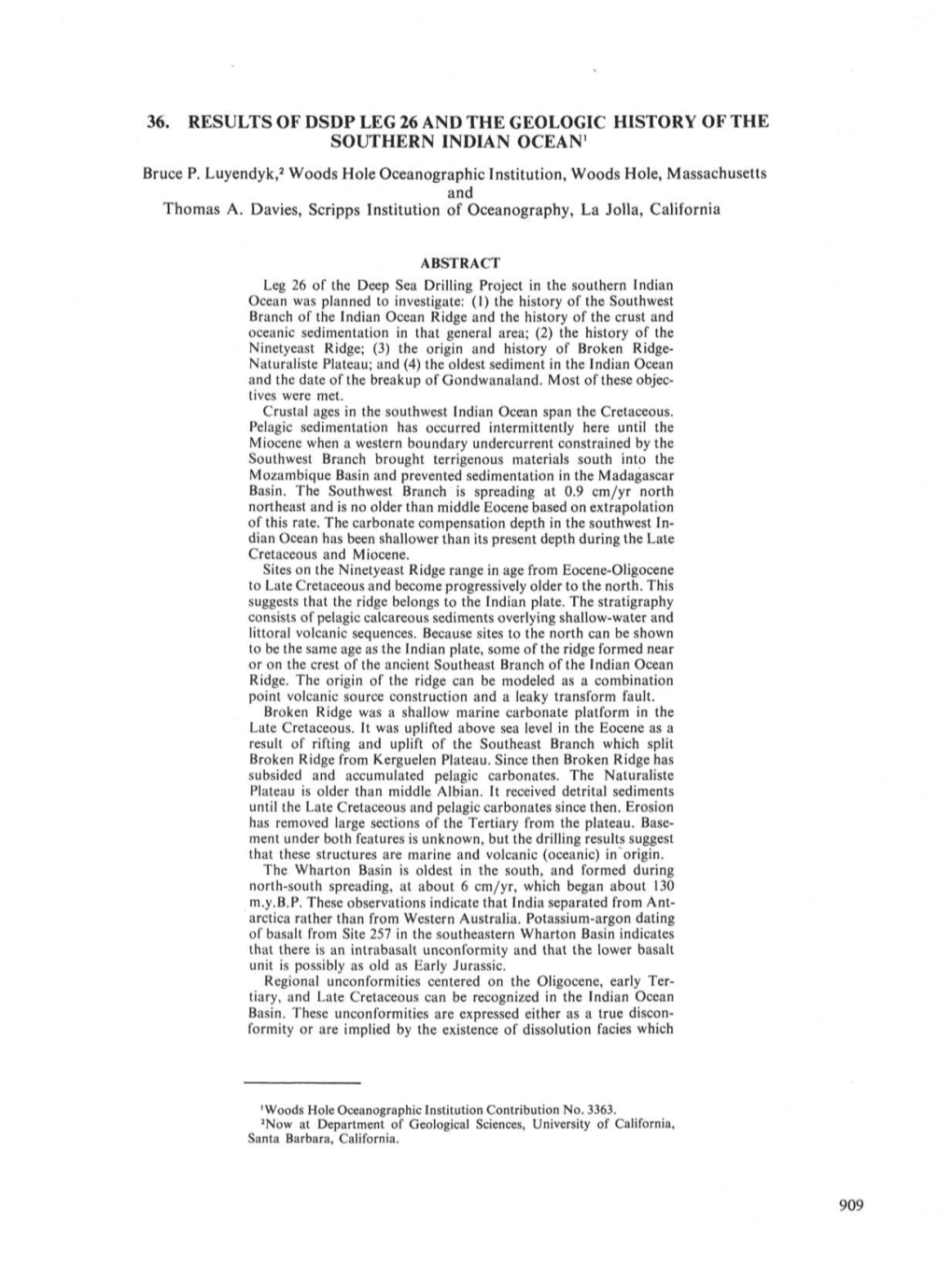 36. RESULTS of DSDP LEG 26 and the GEOLOGIC HISTORY of the SOUTHERN INDIAN OCEAN1 Bruce P