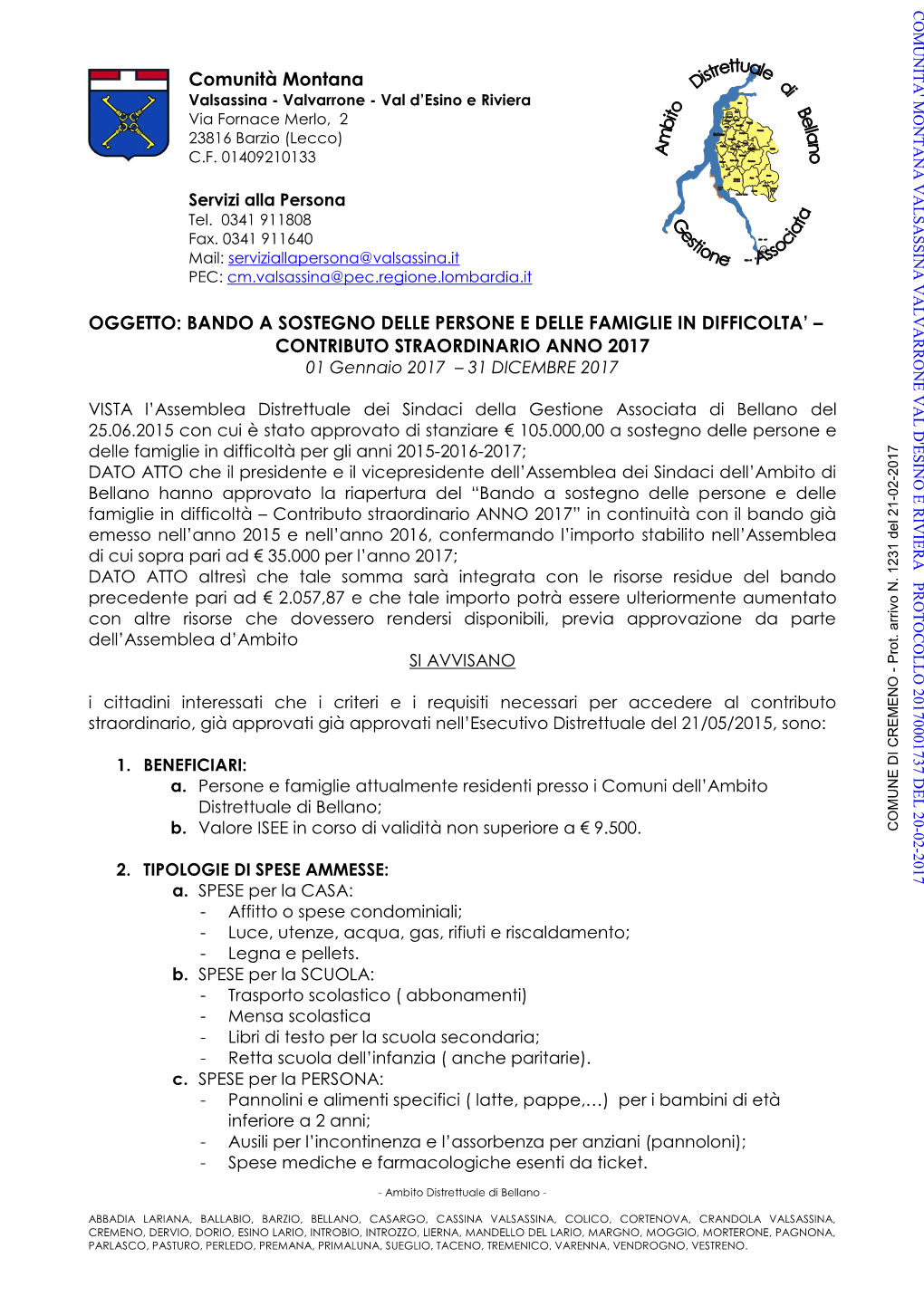 CONTRIBUTO STRAORDINARIO ANNO 2017 Comunità Mont