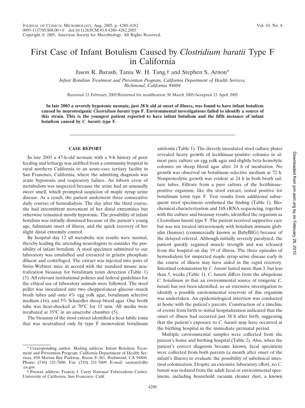 First Case of Infant Botulism Caused by Clostridium Baratii Type F in California Jason R