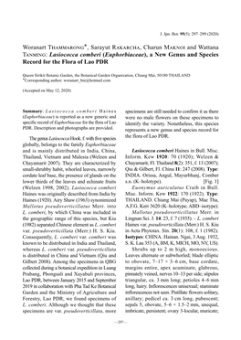 Woranart THAMMARONG*, Sarayut RAKARCHA, Charun MAKNOI and Wattana TANMING: Lasiococca Comberi (Euphorbiaceae), a New Genus and Species Record for the Flora of Lao PDR
