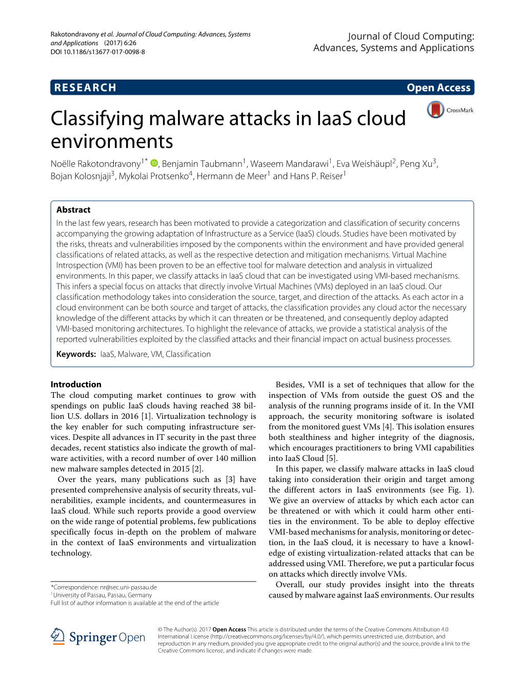 Classifying Malware Attacks in Iaas Cloud Environments