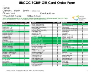 UBCCC SCRIP Gift Card Order Form