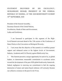 Statement Delivered by His Excellency, Muhammadu Buhari, President of the Federal Republic of Nigeria, at the 2020 Biodiversity Summit 30Th September, 2020