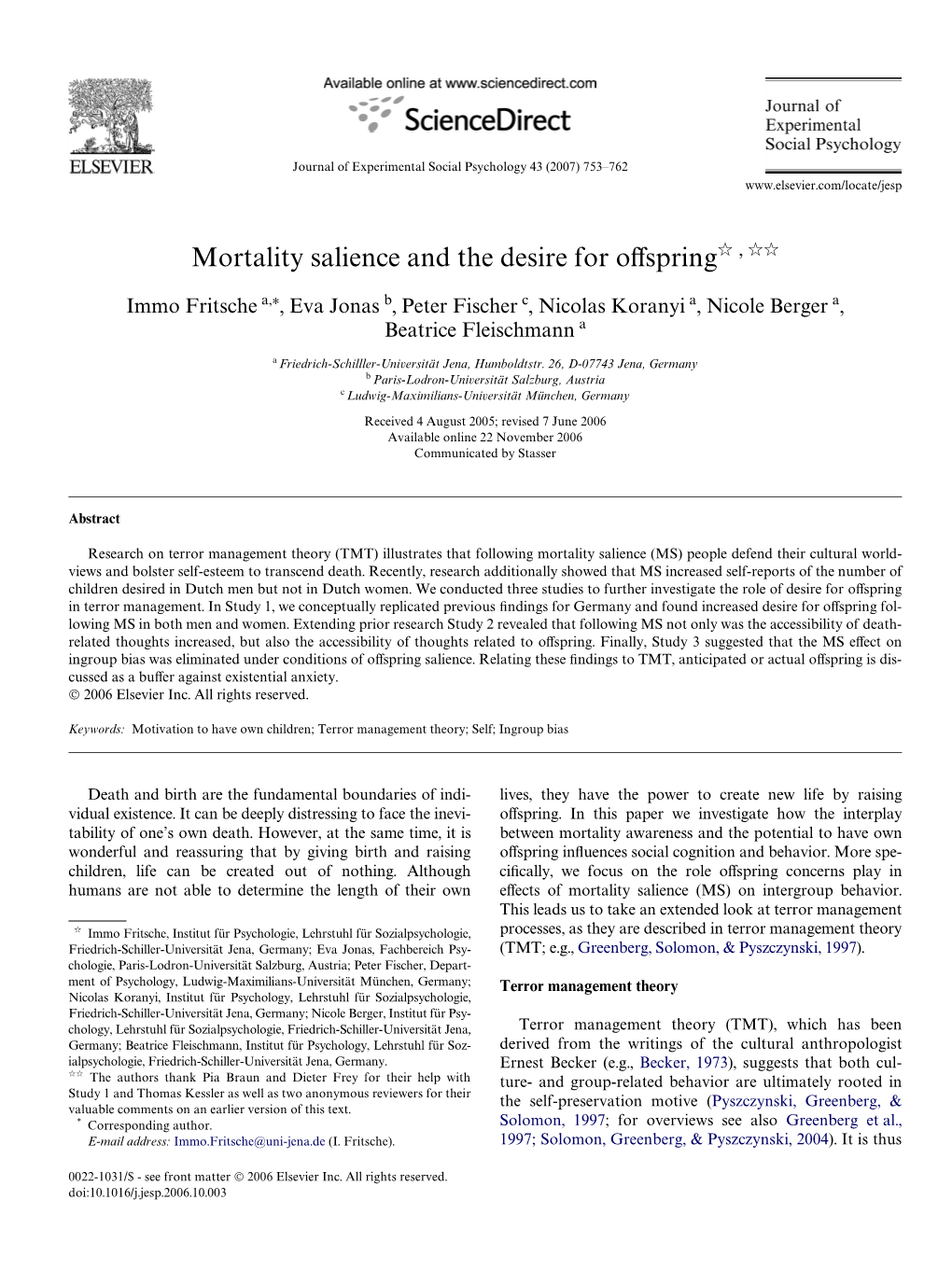Mortality Salience and the Desire for Offspring