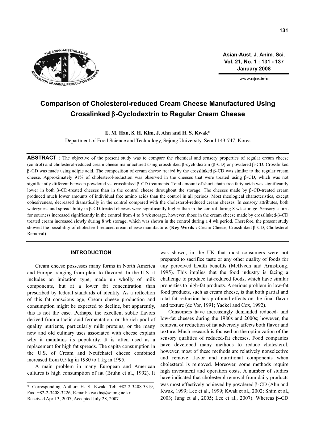 Comparison of Cholesterol-Reduced Cream Cheese Manufactured Using Crosslinked Β-Cyclodextrin to Regular Cream Cheese