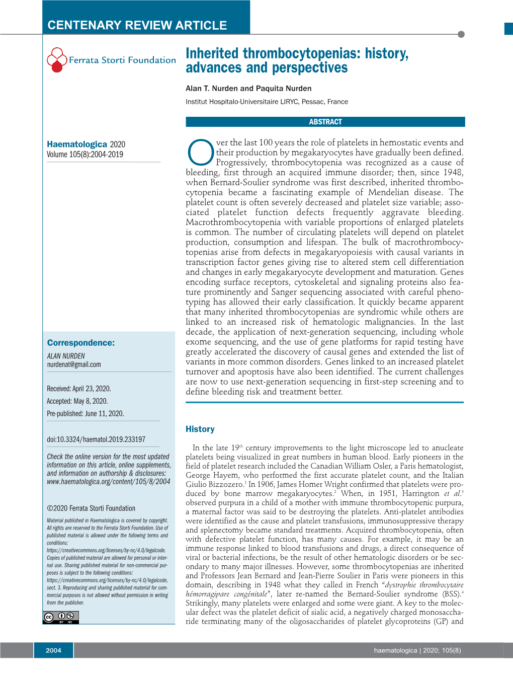 Inherited Thrombocytopenias: History, Advances and Perspectives