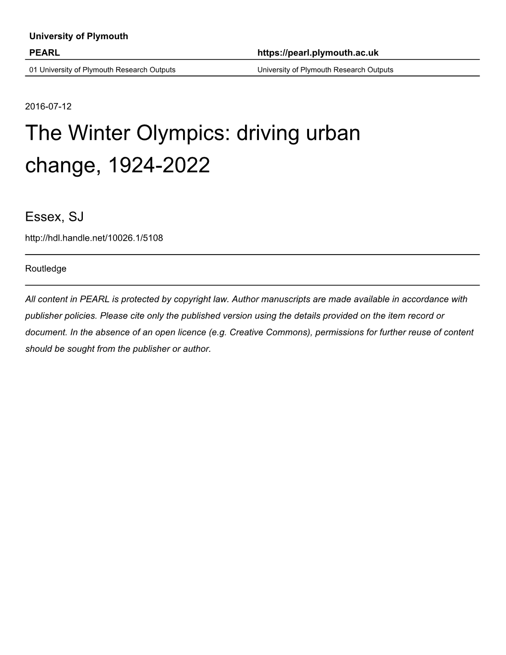 The Winter Olympics: Driving Urban Change, 1924-2022