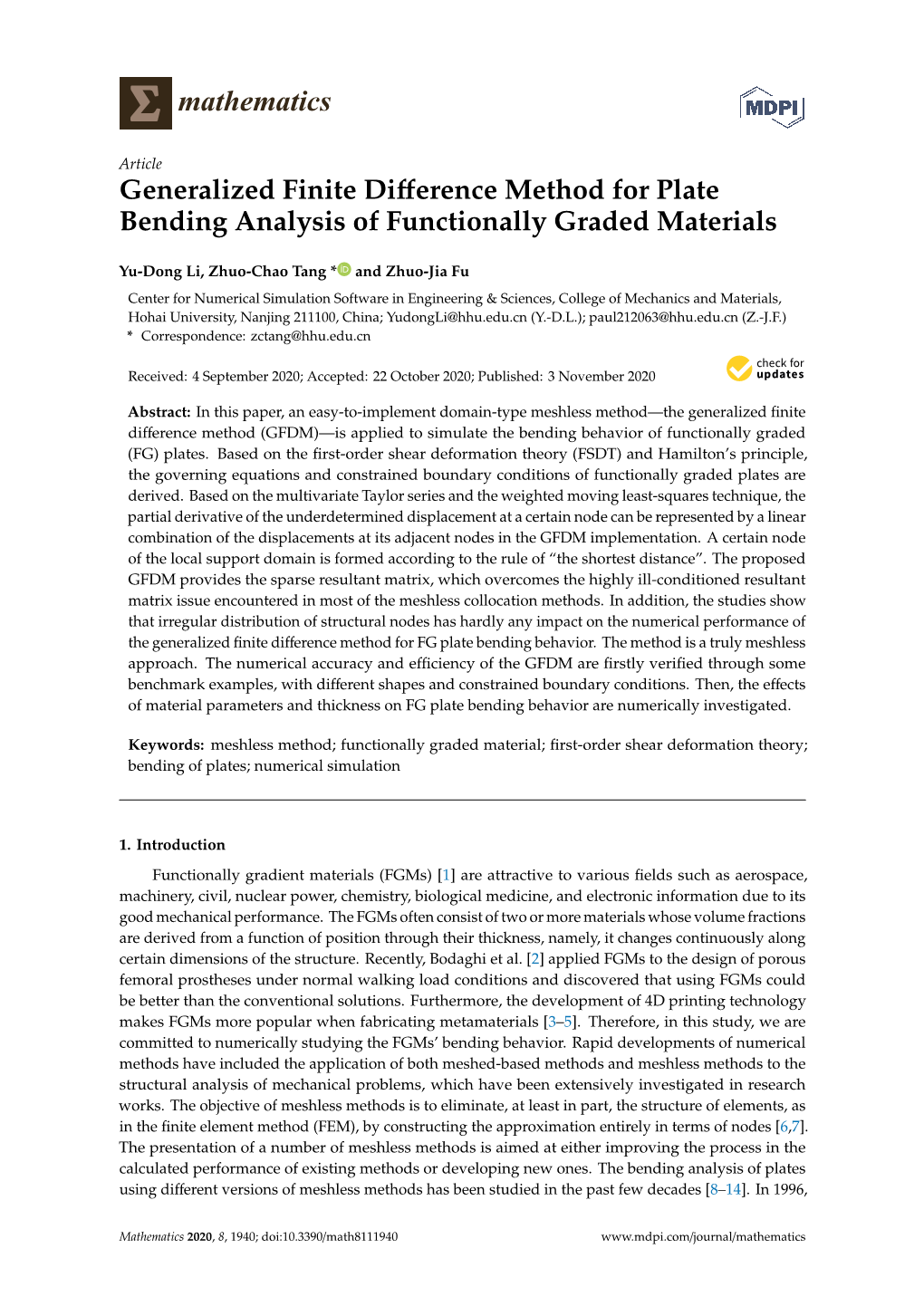 Generalized Finite Difference Method for Plate Bending Analysis Of