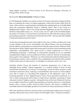 ALH Online Review, Series XVI 1 Emily Ogden, Credulity: a Cultural History of US Mesmerism (Chicago: University of Chicago Press