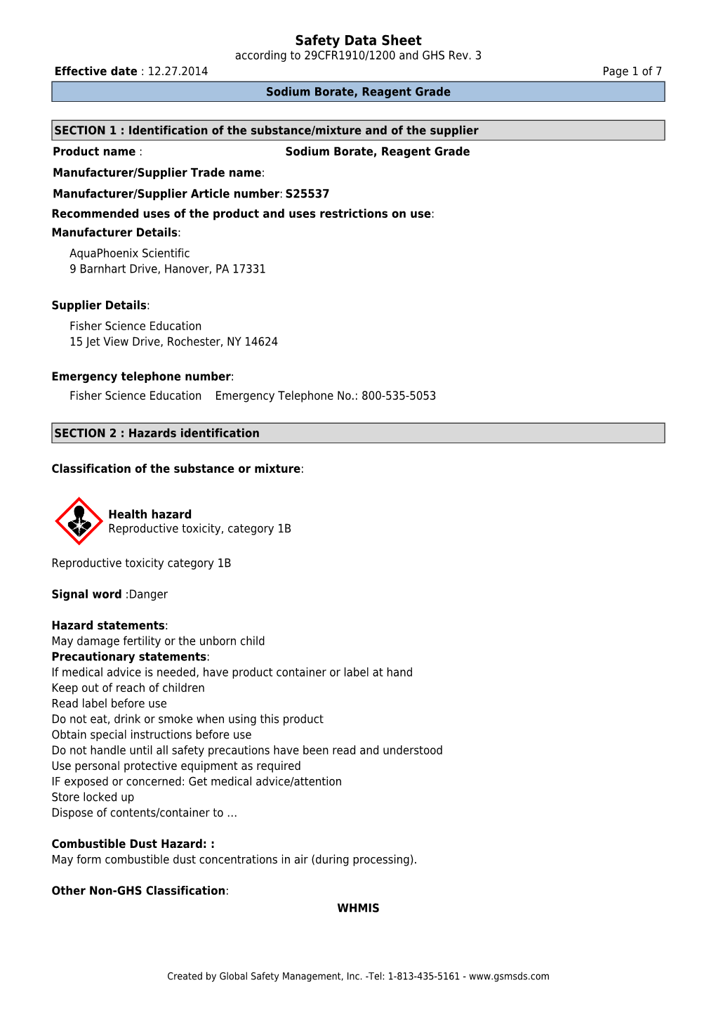 Safety Data Sheet According to 29CFR1910/1200 and GHS Rev