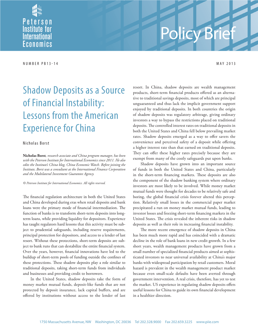 Policy Brief 13-14: Shadow Deposits As a Source of Financial Instability